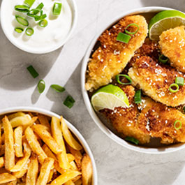 Crispy chicken nuggets and French fries