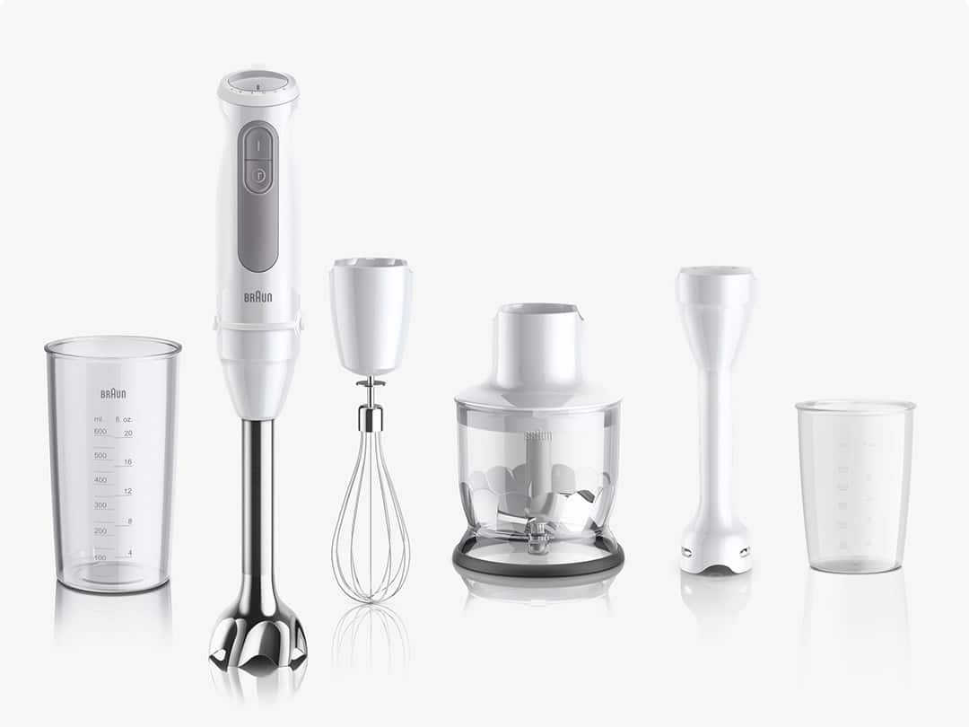 Product image of Braun MultiQuick 5 Hand blender in white with all available attachments