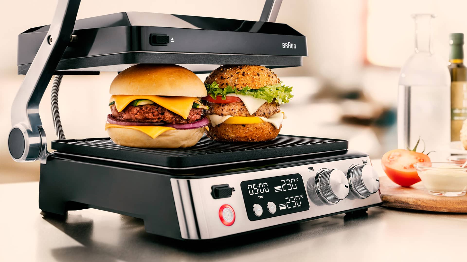 A juicy burger cooking on MultiGrill 7 highlighting a perfect dining experience.